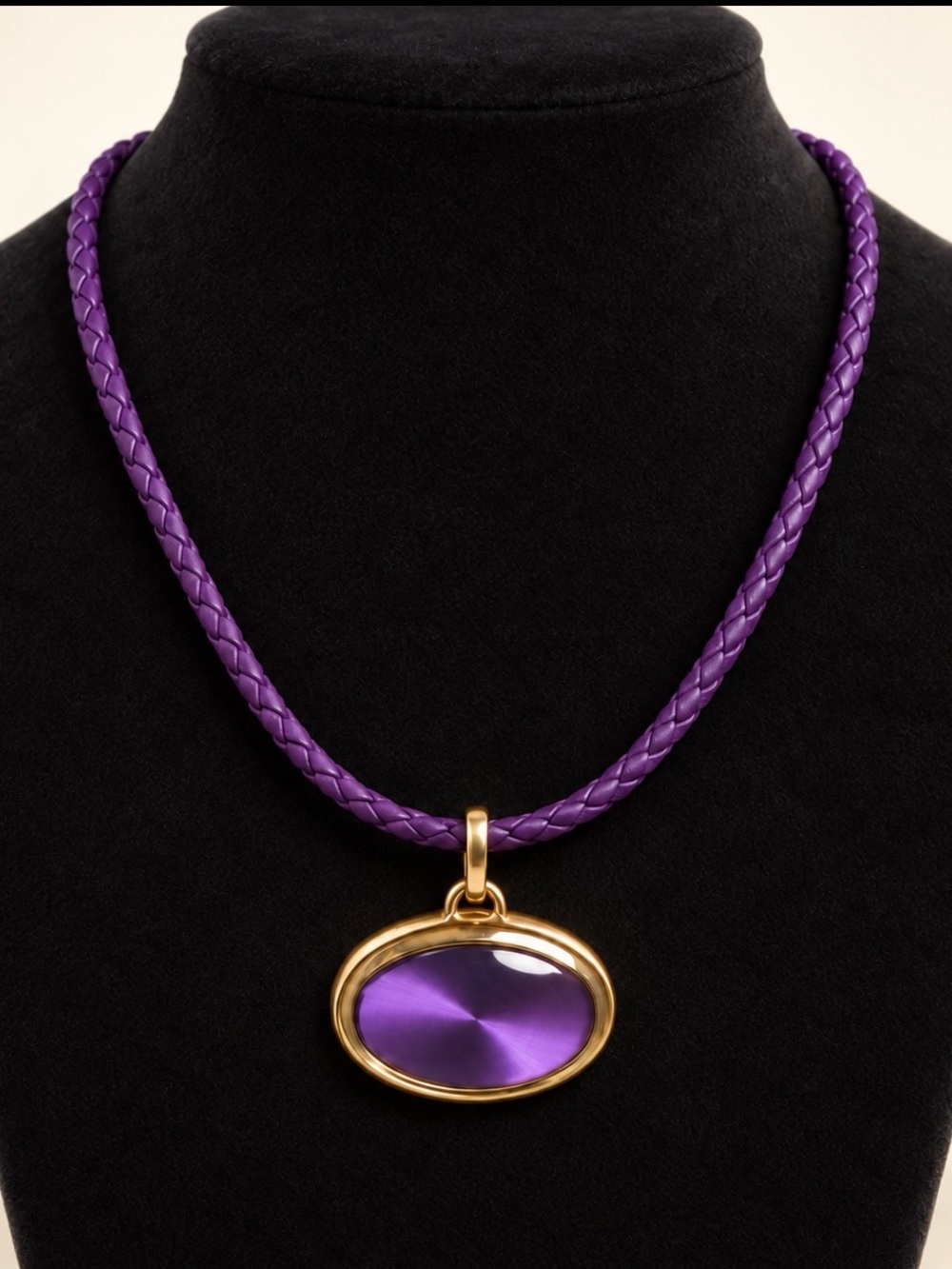 Joan Rivers Purple Oval Pendant Necklace on Braided Purple Genuin Leather Cord